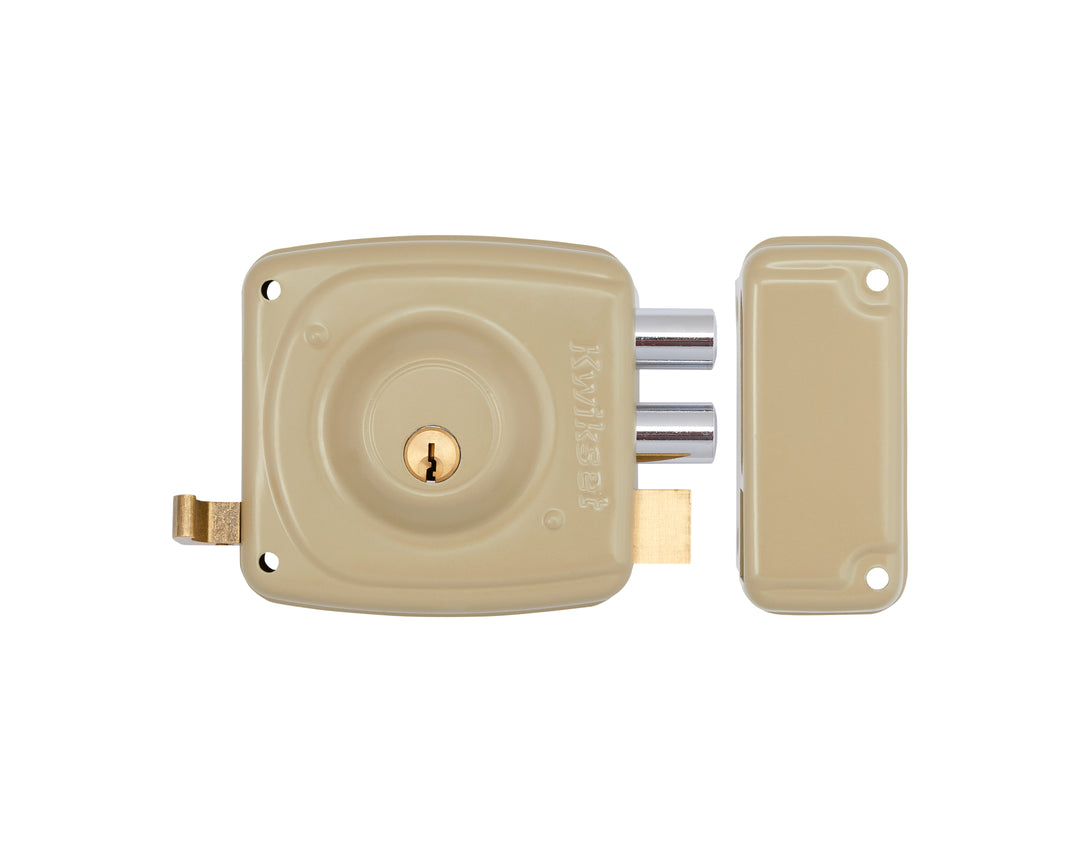 Cerradura Rimlock 50mm Kwikset - Sobreponer Blindada, Derecha, Acabado Beige