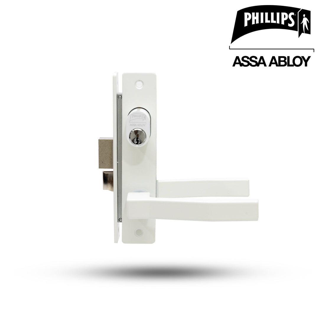 Cerradura Phillips Slim 555MC Blanco Mariposa Cerrojo Manija Cuadrada Aluminio
