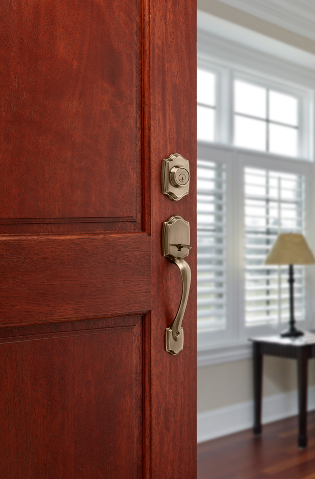 Gatillo Belleview Kwikset con Llave Mariposa para Puerta de Entrada - Acabado Latón Antiguo