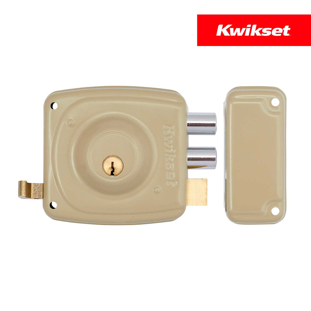 Cerradura Rimlock 50mm Kwikset - Sobreponer Blindada, Derecha, Acabado Beige